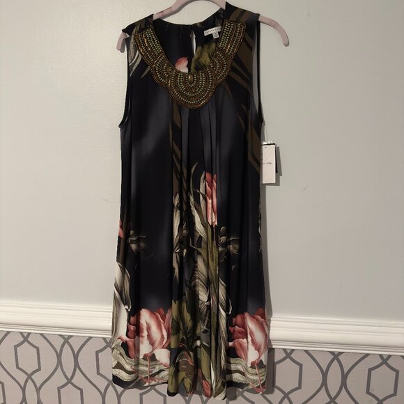 Sandra Darren Dresses & Skirts - NWT Sandra Darren SZ14 Green, Black Pink Floral Beaded Neckline Sleeveless Dress